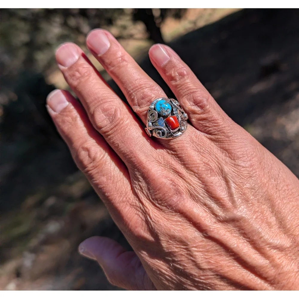Navajo Men's Ring Sterling Silver Turquoise Coral by Lorena Brown sz 11.5 ***